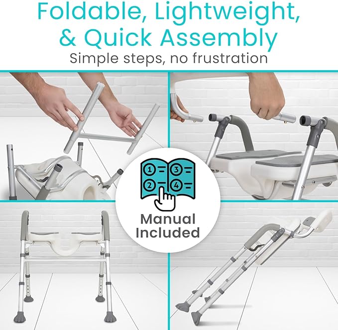 Vive Shower Chair for Elderly & Disabled - Handicap Bath Chair with Arms & U-Shape - Foldable, Adjustable Height - Padded Soaking w/Back & Drain Hole - Portable, Non-Slip, Safe Disability Aid