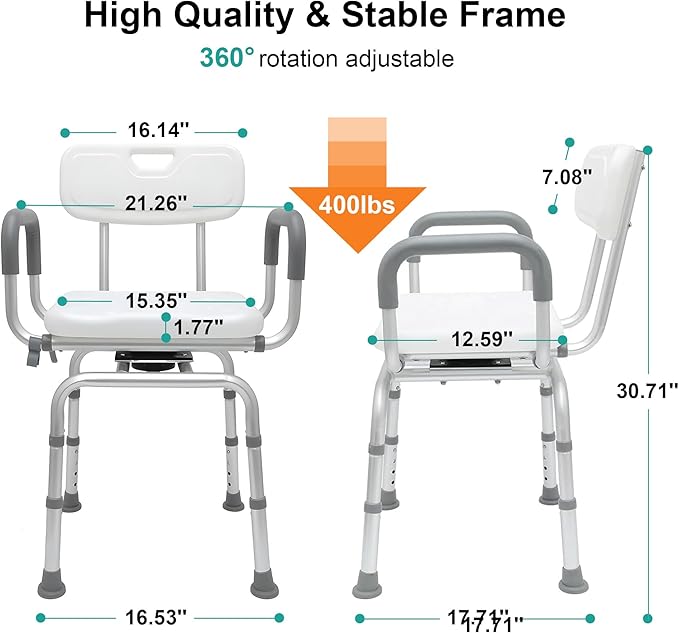 PETKABOO 360 Degree Shower Chair Swivel,Portable Seat with Armrests and Back, Adjustable Height Seat for Bathtub (White1)