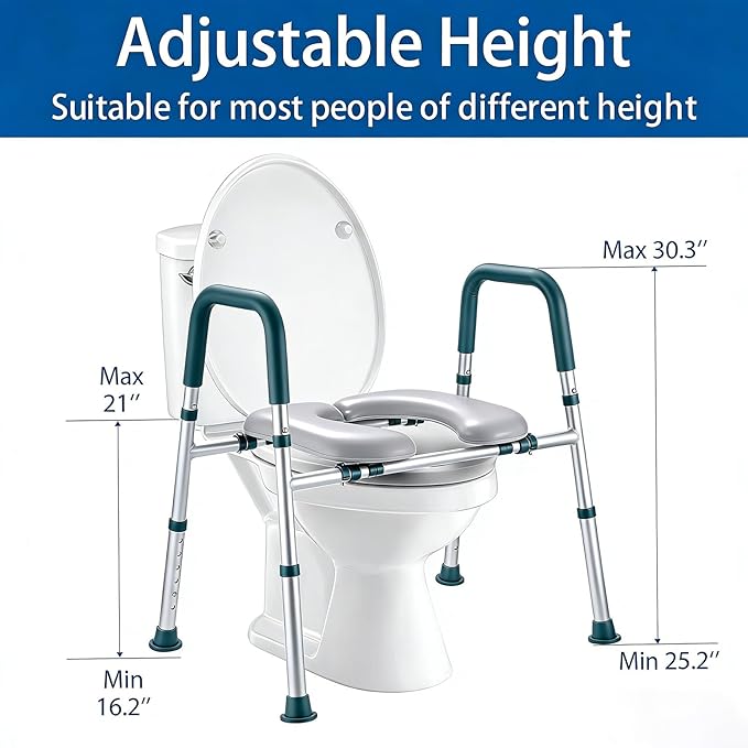Raised Toilet Seat with Handles, FSA HSA Eligible Toilet Seat Riser for Seniors with Adjustable Height & Width, 400lb Padded Elevated Toilet Seat for Elderly, Handicap and Disabled, Fit Any Toilet