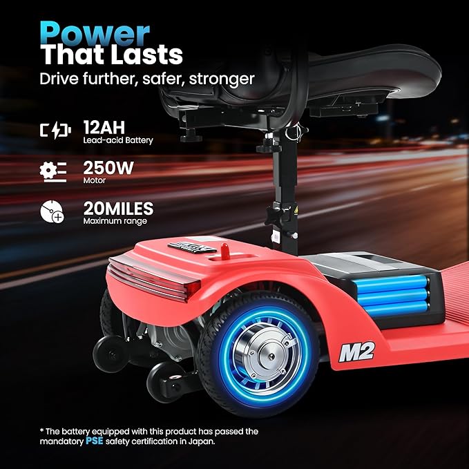 Mobility Scooter for Seniors and Adults M2 Red, USB Port for 20 Miles Long Range Foldable Electric Scooter, 260W Motor, 330 LBS Heavy Duty Capacity, Portable and Lightweight for Travel