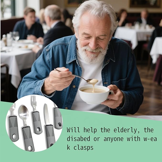 Adaptive Utensils 5 Piece Set Weighted Utensils for Hand Tremors Easy Grip Parkinsons Utensils Extra Wide Handles Built up Utensils for Adults with Knife Fork Spoon for Disabled Arthritis People（Grey）