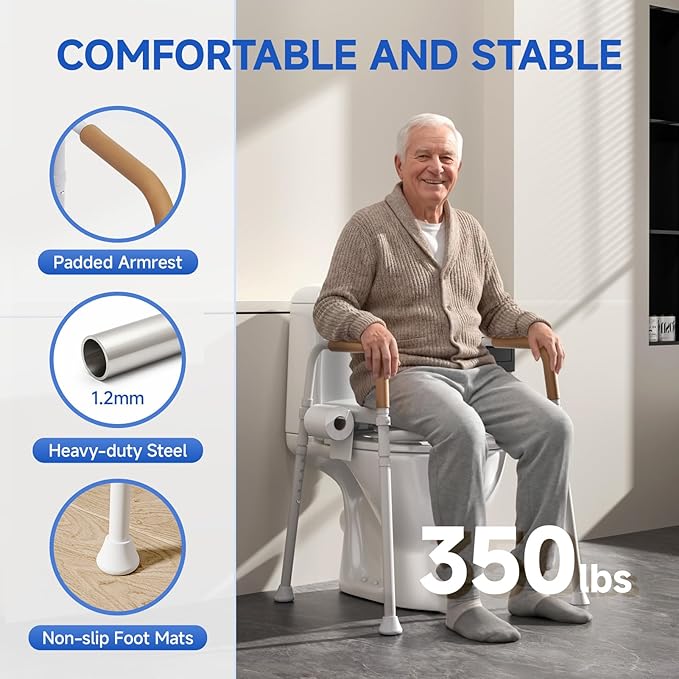 Loyoda Heavy-Duty Steel Toilet Seat Riser with Plush Memory Foam & Flip-Up Seat - Secure 350 lbs Capacity, Adjustable Height Raised Toilet Seat for Seniors，Pregnant, Disabled, Handicapped