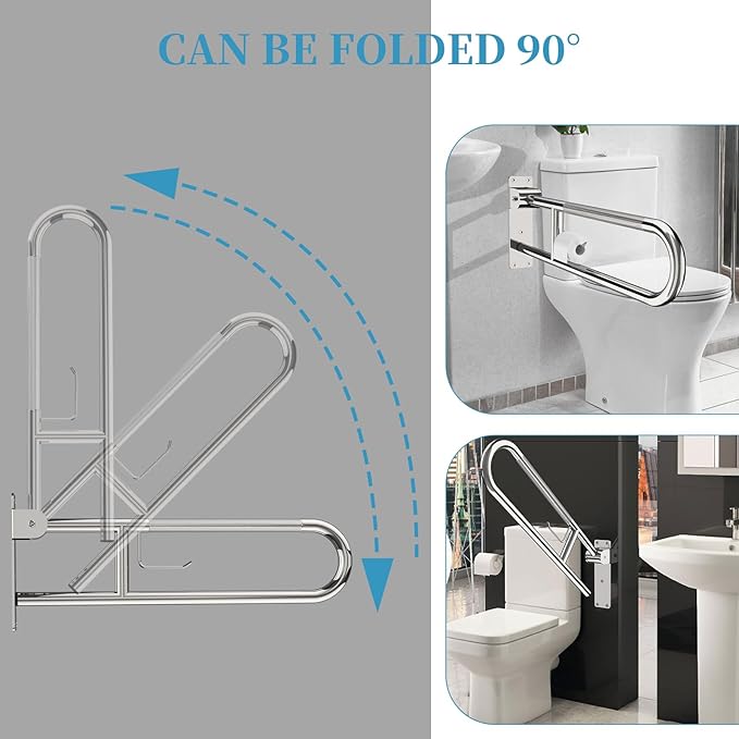 Toilet Grab Bar 30.3 Inch Chrome, Munzong Anti-Slip Handicap Grab Bars with Paper Holder, Flip-Up Bathroom Safety Rails, Stainless Steel Knurled Support handrails for Seniors Elderly Disabled Pregnant