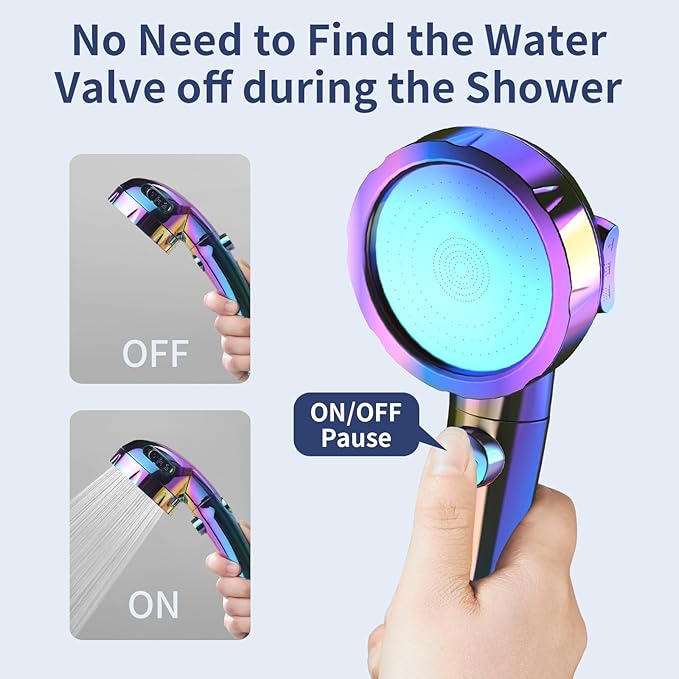 HANLIAN High Pressure Shower Head with Pause Button, 3 Spray Modes Shower Head for RV Camper, Water Saving On Off Shower, Handheld Shower Head with Hose and Holder (Radiant Rainbow)