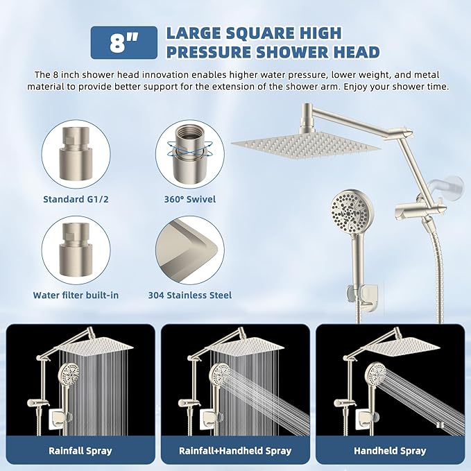 All Metal Rain Shower Head, 8” High Pressure Rainfall Shower Head with Handheld Spray, 5" Large Handheld Showerhead Powerful Clean 10-Mode, 16" Stainless Steel Adjustable Extension Arm, Brushed Nickel
