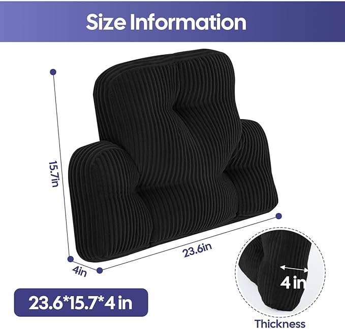 Lumbar Support Pillow for Recliner, Large Back Support Pillow for Office Chair, Tufted Corduroy Back Cushion for Elderly, Lower Back Pain Relief, Ideal for Sofa & Couch, Black