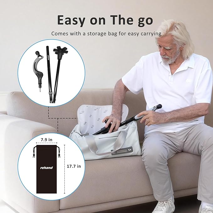 REHAND Adjustable Walking Cane for Seniors Adults - Ergonomic Anti-Slip Grip, 10 Height Settings (40"-49"), 350lbs Weight Capacity, Self-Standing Foldable Cane with Enhanced Anti Slip Base (Black)