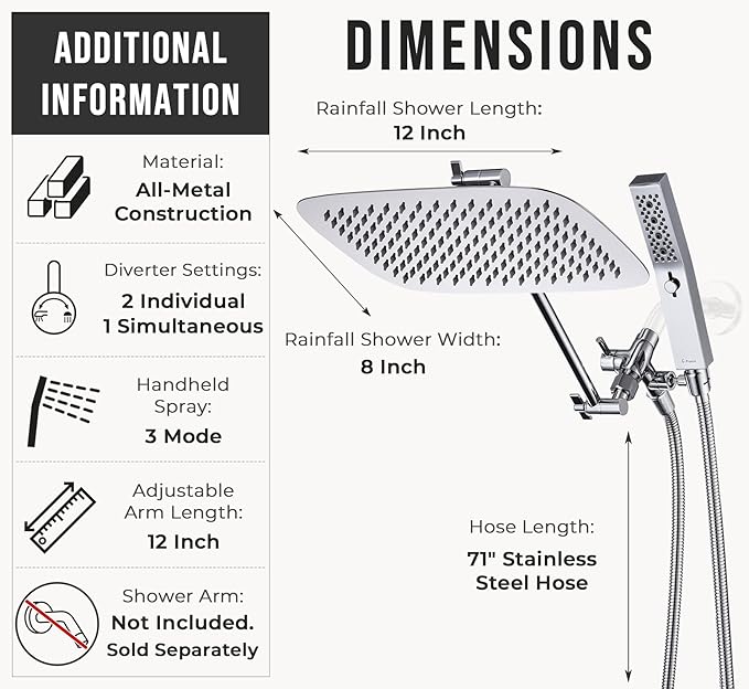G-Promise All Metal 12 Inch Dual Square Shower Head with Handheld Spray Combo, Rain Shower Head, Adjustable Extension Arm, 3-Way Diverter, 71 Inch Extra Long Hose - A Bathroom Upgrade (Chrome)