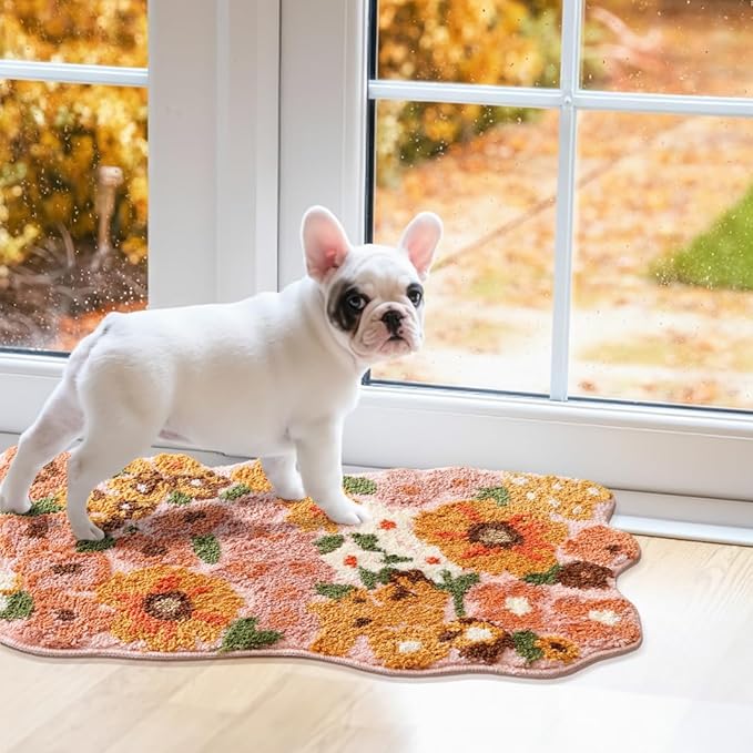 TRUEDAYS Wildflower Floral Bathroom Rug - Cute Tufted Non Slip Soft Flower Shaped Bath Mat, Washable Farmhouse & Cottagecore Bathroom Decor - Aesthetic Orange Rug for Vanity, Tub, Entryway