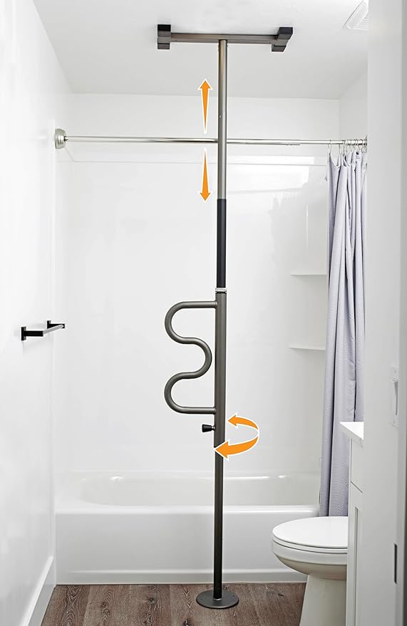 Stander Wonder Pole, Security-Pole and Curve Grab Bar, Tension Mounted Floor to Ceiling Transfer-Pole for Seniors, Elderly Adults, Bathroom Safety Assist and Stability Rail, Graphite