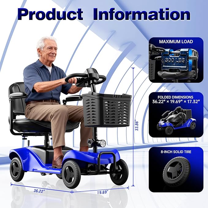 Mobility Scooter for Adults,4 Wheel Mobility Scooter,28 Miles Range,300LBS Capacity,Lightweight and Portable,with LED Headlights and Basket,Charger Included,Gifts Suitable for Elders,Blue