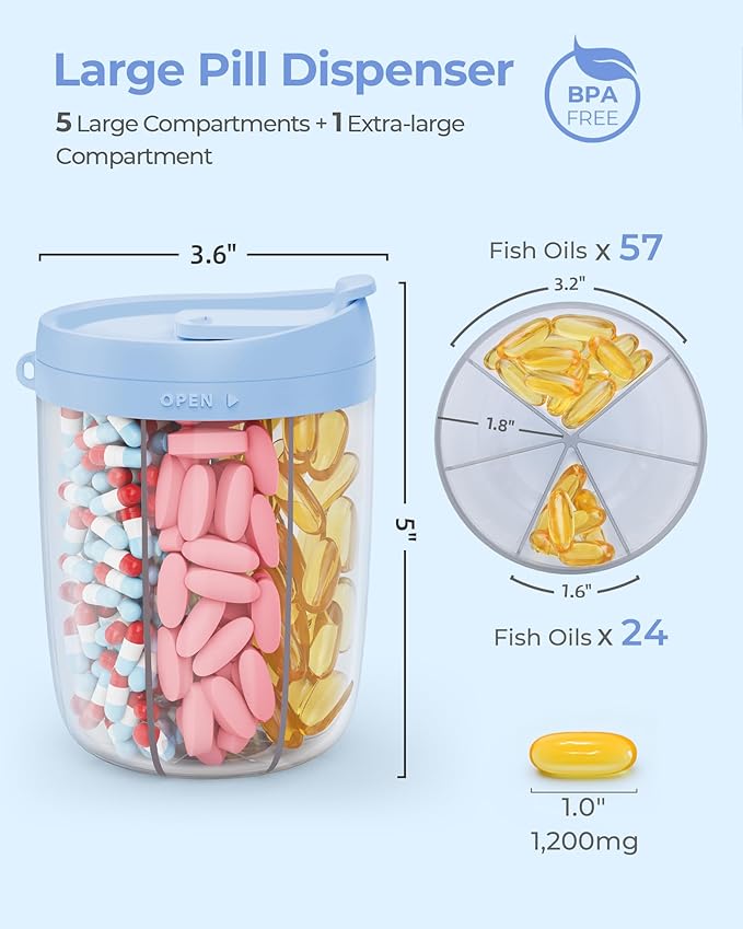 AMOOS Large Pill Dispenser with 6 Compartments, Anti-Mix Pill Bottle Organizer with Wide Opening & Easy Retrieval, Vitamin Organizer for Travel, BPA-Free Pill Box with a Strap, Blue