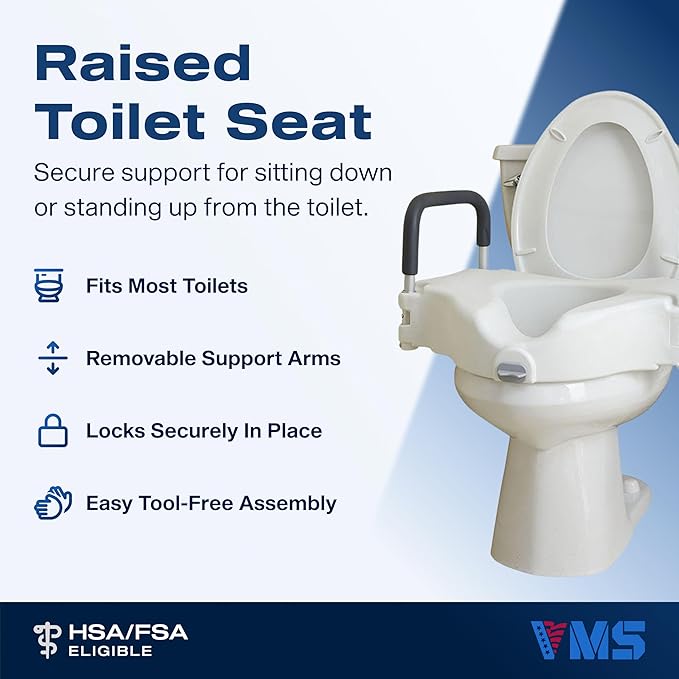 VMS Raised Toilet Seat with Removable Handles & Locking Seat | Adds 5" to Toilet Seat Height | Ergonomic Contour Design & Detachable, Padded Arms for Safety & Comfort for Seniors and Medical Home Care