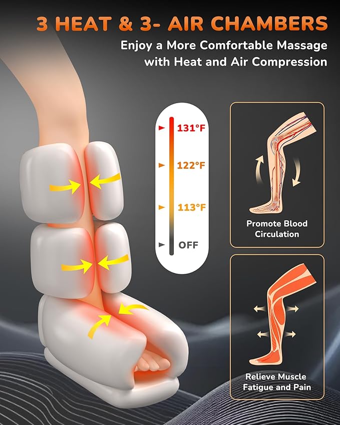 Leg Massager with Heat and Compression : Foot and Calf Massager for Circulation and Pain Relief, Sequential Compression Boots with 6 Modes, 9 Intensity, 3 Heat
