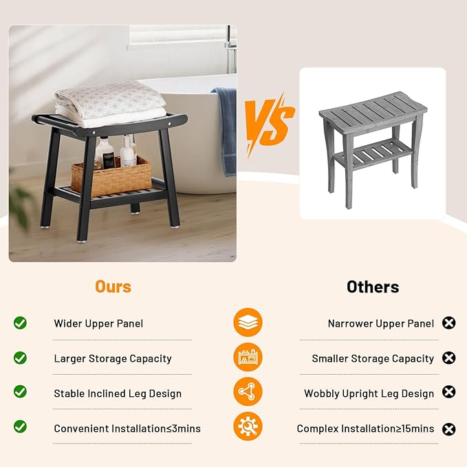 Bamboo Shower Bench Stool, Shower Chair for Inside Shower with 2-Tier Storage Shelf, Waterproof Shower Seat for Shaving Legs, Spa Bathroom Shower Bench-Black