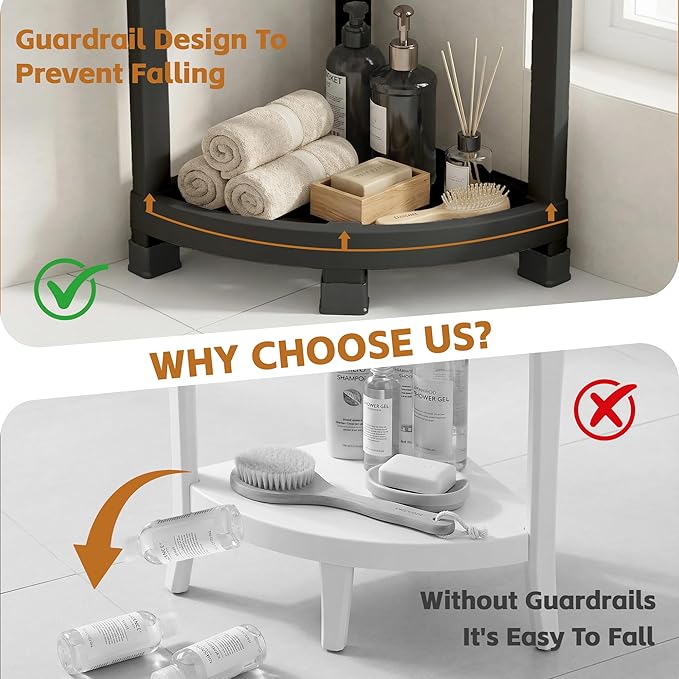 GallopFun Corner Shower Stool for Inside Shower, Waterproof Shower Bench for Shaving Legs, Plastic Anti-Fracture Shower Seat/Foot Rest with Baffle Storage Shelf, Rapid Assembly DIY Shelf (Black)