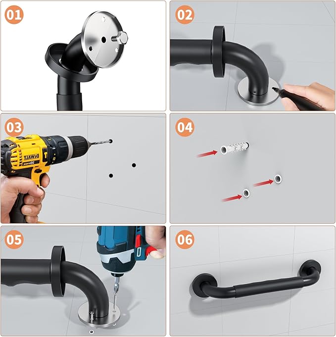 12 Inch Black Shower Grab Bar w/Anti Slip Rubber Grip, ZUEXT Stainless Steel Bath Grab Bar, Bathroom Balance Bar, Wall Mount Safety Handrail Support, Handicap Injury Elderly Senior Assist Handle