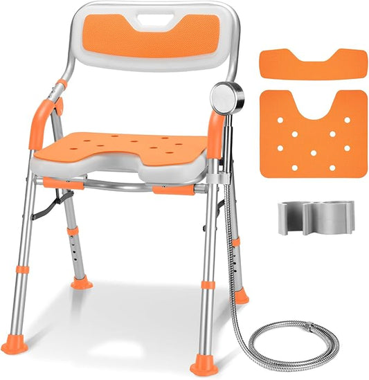 DEWEL Foldable Shower Chair for Elderly and Disabled, Folding Shower Seat with Armrests and Back Height Adjustable, Aluminum Alloy Bath Seat for Inside Shower, 330lbs Capacity (Orange-N)