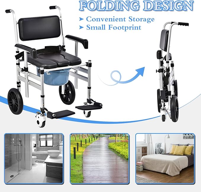 Shower Chair with Wheels Aluminum Alloy 4 in 1 Foldable Height Adjustable Shower Wheelchair, Sturdy Rolling Shower Chair with Large Commode for Seniors (Black)