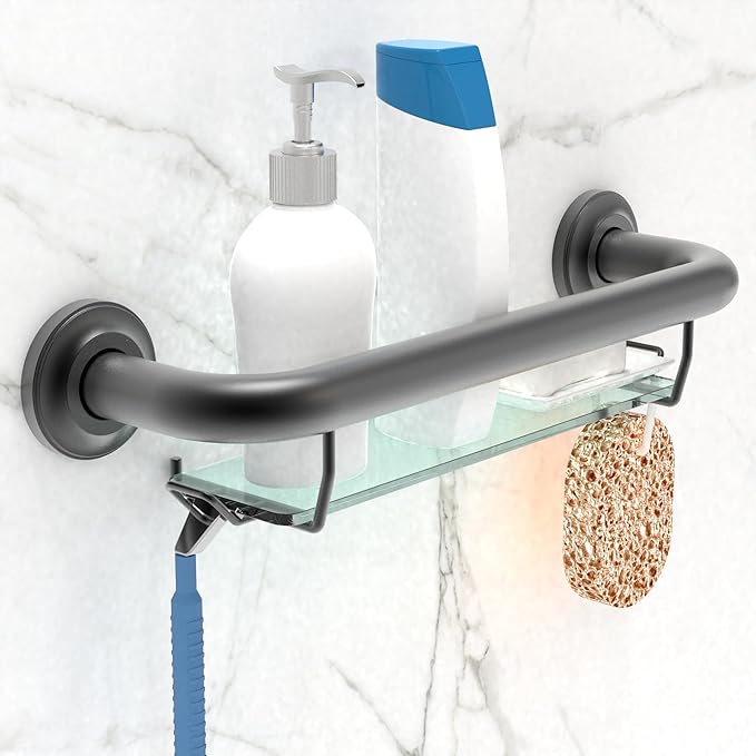 ADA Compliant Grab Bar with Glass Shelf for Shower Wall and Bathtubs, 500lbs Weight Support, 1-1/4 x 16 inch for Stud Mount, Matte Black