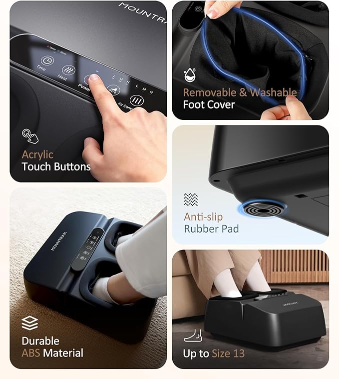 MOUNTRAX Foot Massager Machine with Heat, Foot Massager for Plantar Fasciitis, Neuropathy Pain, Shiatsu Foot Massager with Remote, Fits Feet Up to Men Size 12 (Black)