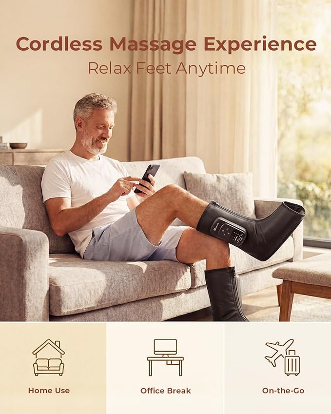 Foot Massager with Air Compression and Heat, Portable Cordless Ankle and Calf Massager with 5 Modes & 5 Intensities, Lightweight Compression Boots for Muscle Relaxation (FootSoothy Pro 1PC)