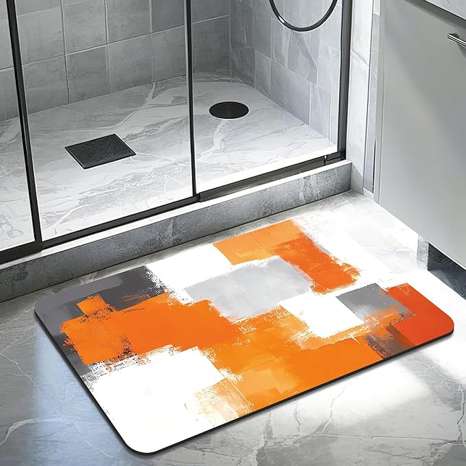 Quick Dry Bath Mat for Bathroom,Super Absorbent Orange and Gray Welcome Bath Rug Non-Slip Rubber,Machine Washable Bathroom Floor Mat for Shower, Tub, Sink Area Abstract Art Painting 16x24