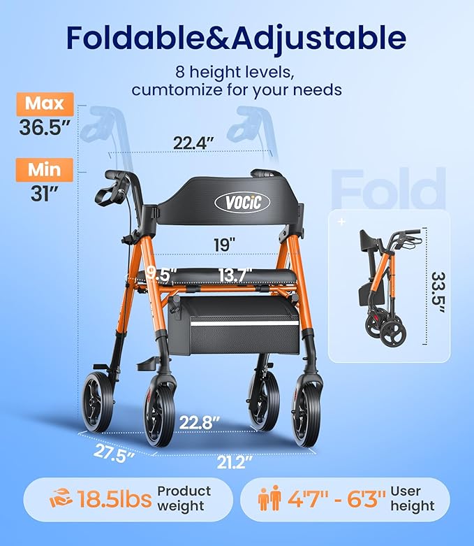 VOCIC Walkers for Seniors, Z21 Rollator Walker with Seat Supports 350lb, 8" Big Wheels for All Terrain, Ergonomic Arc Seat & 6" Ultra Backrest Foldable Walker, Dual Height Adjustment, Lightweight 2026