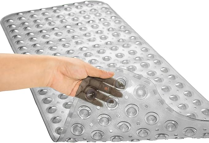 TEESHLY Bathtub Mats for Shower Tub, Extra Long Non-Slip 39 x 16 Inch Bath Mat with Drain Holes and Suction Cups, BathMat for Bathroom with Machine Washable (Clear Grey)
