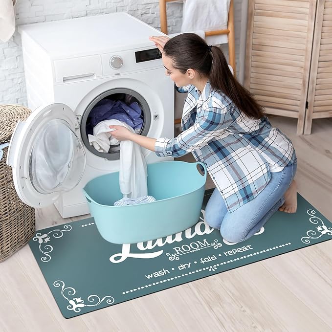 XLHOMO Non Slip Laundry Mats, 17.7"x45" Teal Laundry Rug Runner, Farmhouse Washable Laundry Room Floor Mat for Laundry Room, Mudroom, Kitchen, Washroom, Bathroom, Hallway Entryway Carpet Decor