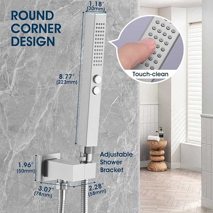 All-Metal High Pressure Square Handheld Shower Head with Jet Spray and Rainfall Modes, Volume Control Regulator, ON/OFF Switch, Hose and Wall Mounted Adjustable Bracket,Brushed Nickel Color