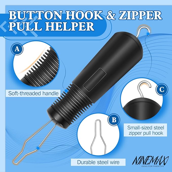 NINEMAX Button Hook Assist Tool with Zipper Pull for Seniors, One Hand Button Fastener Puller Helper for Shirt Wedding Dress, Dressing Aid for Elderly, Arthritis, Parkinson's (2 Pack)