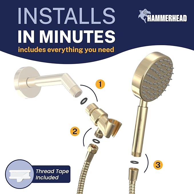 HammerHead Showers® Solid Metal LOW FLOW Handheld Shower Head with Hose and Brass Holder - POLISHED BRASS – Water Saving 1.75 GPM Detachable Shower Head - Adjustable Shower Wand Bracket & 6ft Hose