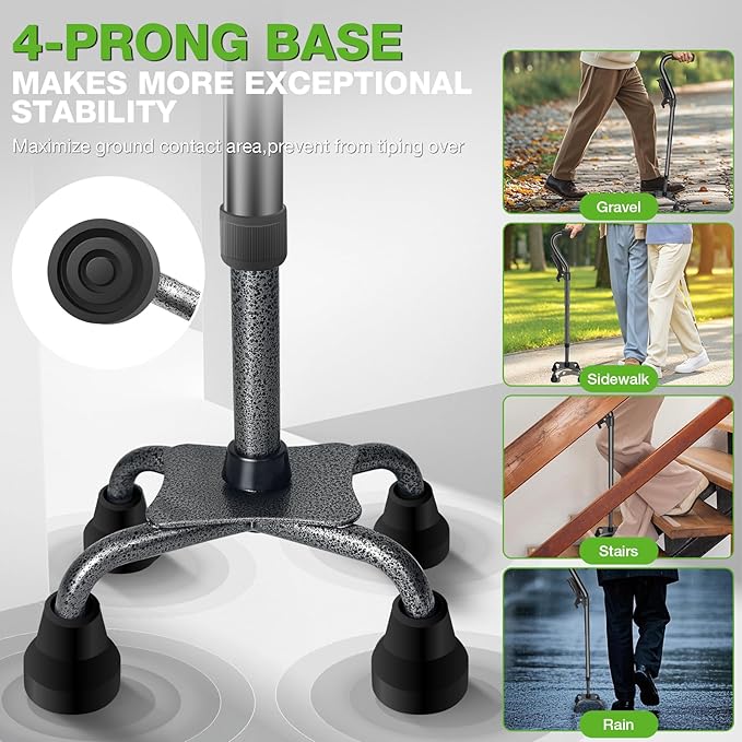 Ciavca Walking Canes for Women & Men, Adjustable Folding Quad Cane, Heavy Duty Walking Sticks Canes for Seniors Balance,Collapsible, Lightweight Self Standing Cane with 2nd Handle and 4-Pronged Base