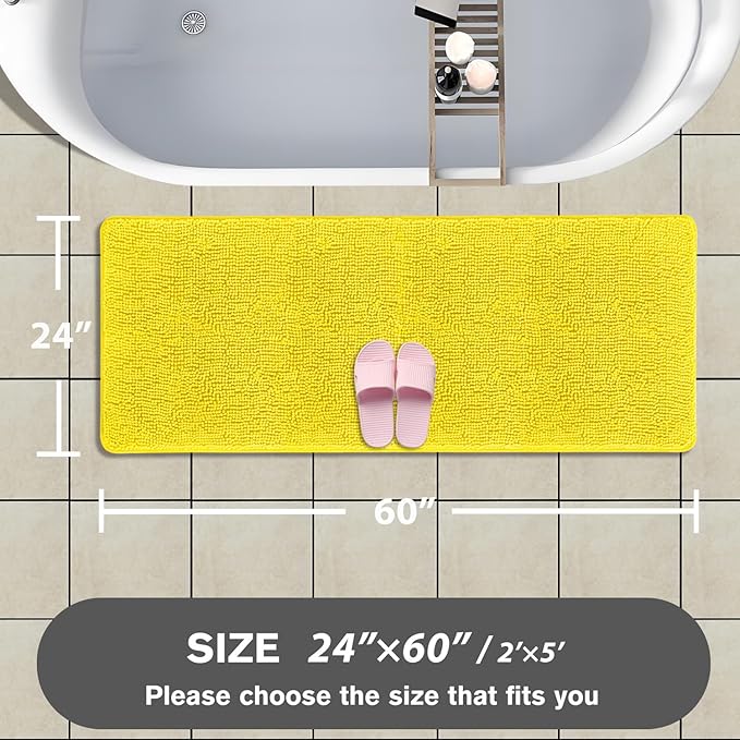 Bathroom Runner Rug 24 x 60 Inch – Extra Large Long Bath Mat | Absorbent and Washable Thick Chenille Bath Rug Non-Slip Runner Rug for Bathroom, Shower, Sink(Yellow)