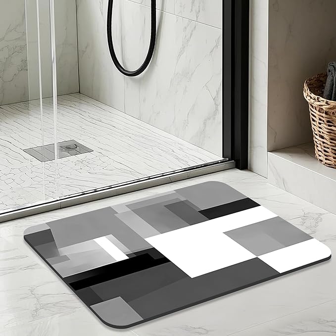 Quick Dry Bath Mat for Bathroom,Super Absorbent Black and Gray Welcome Bath Rug Non-Slip Rubber,Machine Washable Bathroom Floor Mat for Shower, Tub, Sink Area Abstract Art Painting 16x24