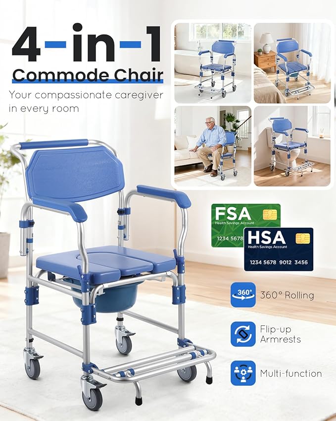 Bedside Commode Wheelchair with Drop Arms & Lockable Casters, Waterproof Aluminum Shower Chair, Anti-Tilt Foldable Footrest, Sponge Padded Seat, 330lbs Weight Capacity, 3 in 1 Bedside Commode Chair