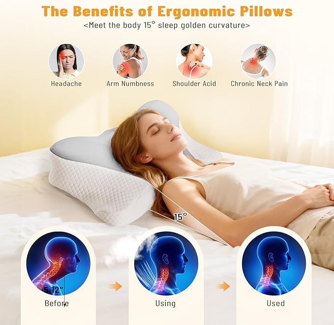 Cervical Neck Pillow Set of 2, Memory Foam Pillow for Neck Pain Relief, Ergonomic Bed Pillow with Neck Support for Side, Back & Stomach Sleepers, King, Grey