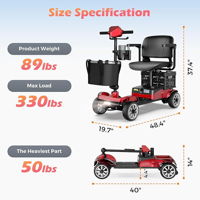 Mobility Scooter for Adults & Seniors with Removable Spare Battery - 24.8 Miles Total Range, Cruise & Airport Approved, Foldable Motorized Scooters with Dual Basket, Phone & Cup Holder, Red
