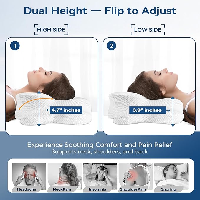 Cervical Neck Pillow - Memory Foam Pillow for Pain Relief Sleeping, Ergonomic Neck Support Contour Pillows for Side Back Stomach Sleepers,Orthopedic Breathable Pillowcase (Ivory)