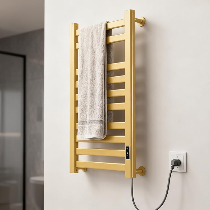Verida Towel Warmer Rack, Heated Towel Rack for Bathroom, Wall-Mounted Plug (Not Hardwired), Aluminum Alloy, with Timer and Temperature Adjustment, Overheat Protection Function(Large Gold)
