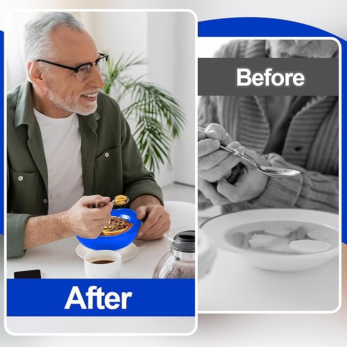 Hushee 2 Sets Adaptive Spill Proof Scoop Bowl and Plate Set with Suction Base Non Skid Self Feed Suction Dinnerware for Elderly Disabled Handicapped from Parkinsons Tremor (Blue)