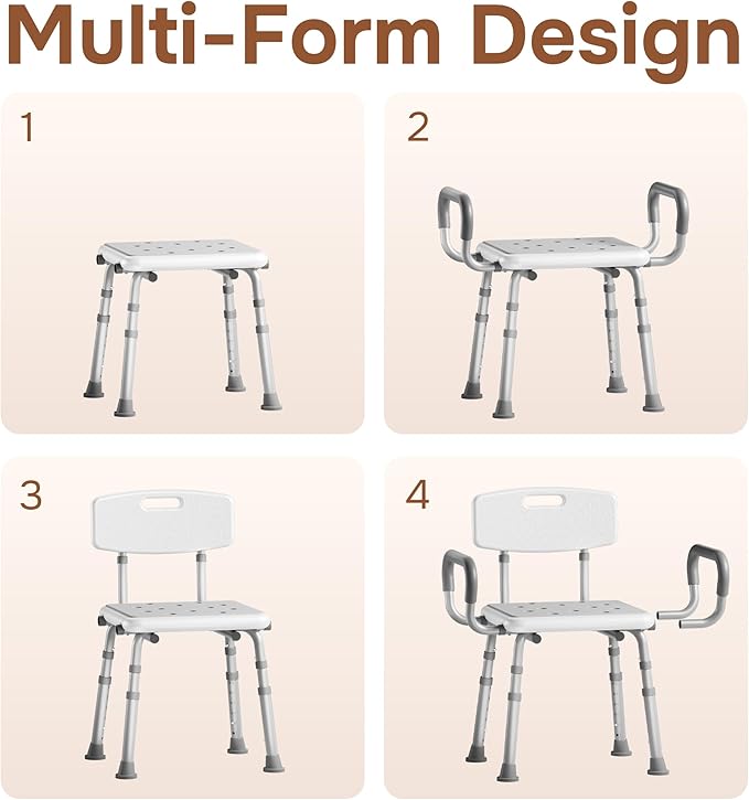 SOUNDFUSE Shower Chair for Inside Shower with Arms and Back, FSA/HSA, Height Adjustable Shower Chair for Elderly and Disabled with Enhanced Non-Slip Feet, 400 lbs Heavy Duty Shower Seat for Seniors