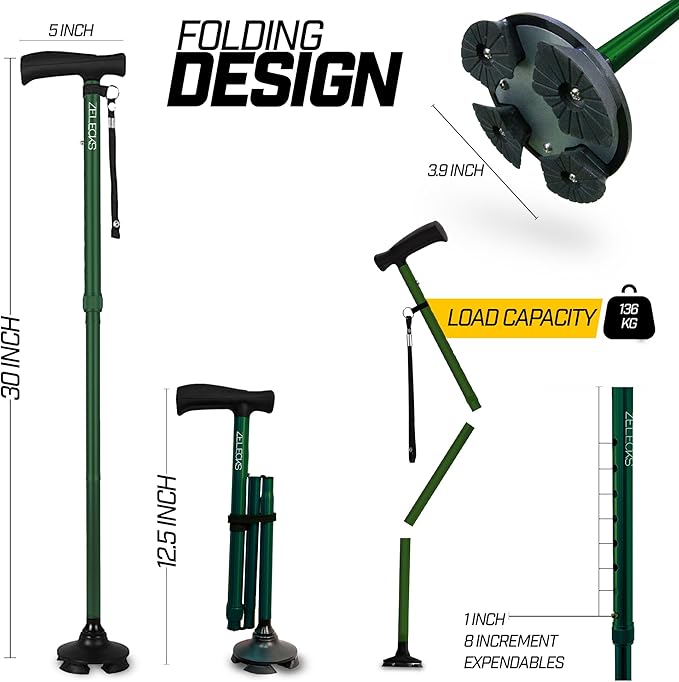 ZELECKS Walking Cane for Women & Men - Self Standing Adjustable Folding Cane with T Handle and 360 Pivot Base - Lightweight Foldable Walking Stick for Seniors - Collapsible Cane for Walking