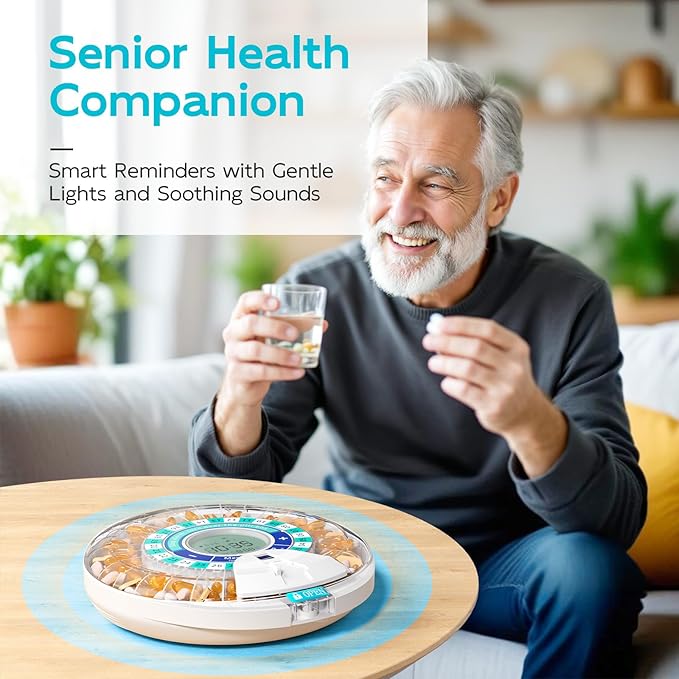 Daviky Automatic Pill Dispenser for Elderly with Alarm, 28-Day Electronic Locked Pill Box, Sound & Light Reminders for Medication, Vitamins, and Supplements