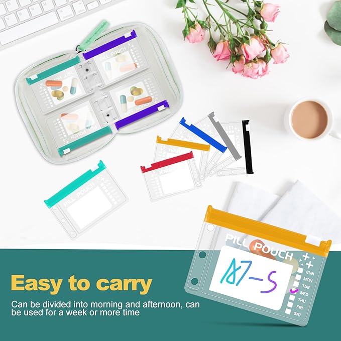 Timueetech A7 Waterproof Pill Organizer with 14 S Zippered Pill Pouches for A7 Binder, Small BPA-Free Weekly Medicine Organizer, Color-Coded Reusable Travel Pill Storage System