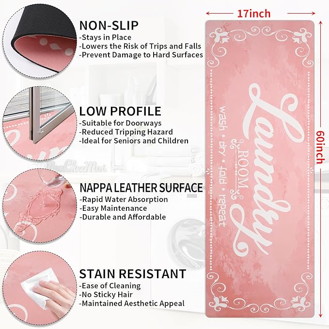 XLHOMO Laundry Room Rug Runner, 17"x60" Non Slip Pink Nappa Leather Laundry Rugs, Farmhouse Washable Floor Laundry Mats for Laundry Room, Kitchen, Washroom, Bathroom, Mudroom, Hallway Entryway Decor