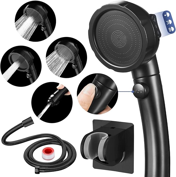 HANLIAN High Pressure Shower Head with Pause Button, 3 Spray Modes Shower Head for RV Camper, Water Saving On Off Shower, Handheld Shower Head with Hose and Adjustable Self-adhesive Holder (Black)