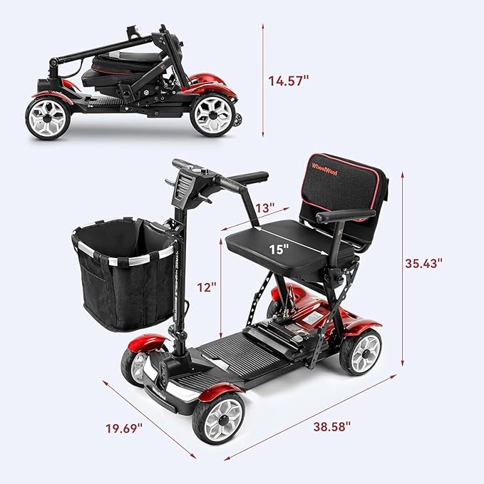 Wheelwavi Lightweight Mobility Scooter for Seniors, 20-25 Miles Portable Mobility Scooter for Travel, Removable Lithium Battery, Scooter for Adults with 330 lbs Capacity LED Headlights-RED