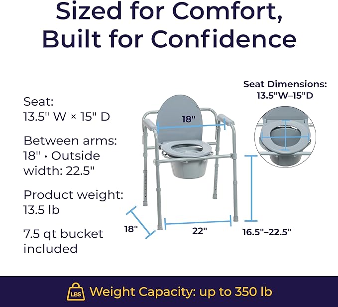 Drive Medical Folding Steel Bedside Commode Chair - Portable 3-in-1 Toilet Solution - Adjustable Height - 7.5 Qt Bucket Included - Durable Powder-Coated Steel Frame - Supports up to 350 Lb